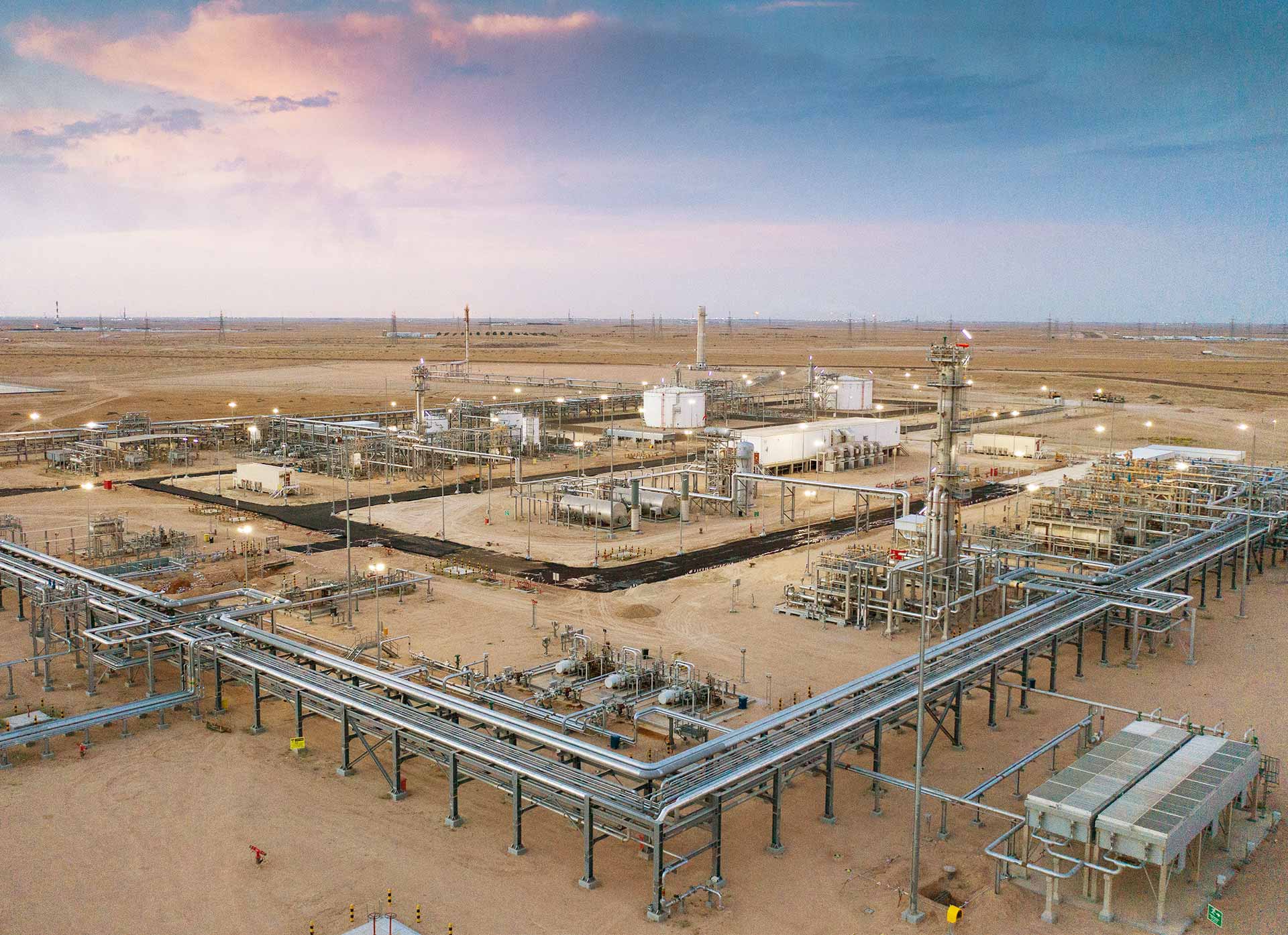 Aerial photo of a production facility in a desert.