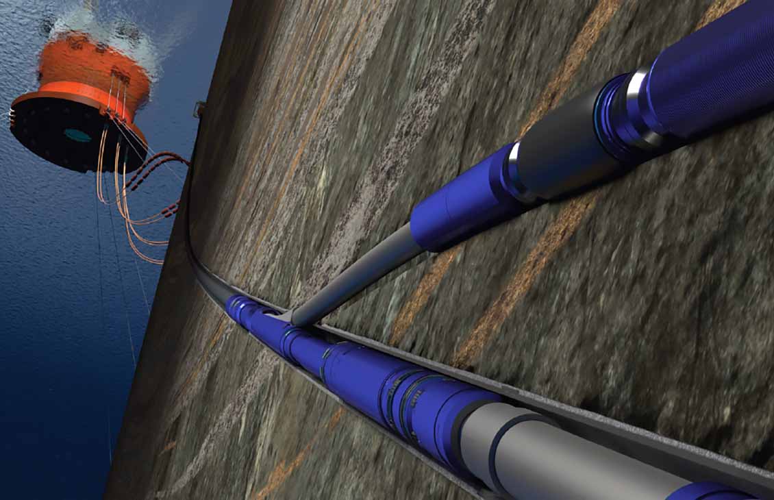 A rendering of the multilateral junction in the subsurface and an ROV in the sea above.